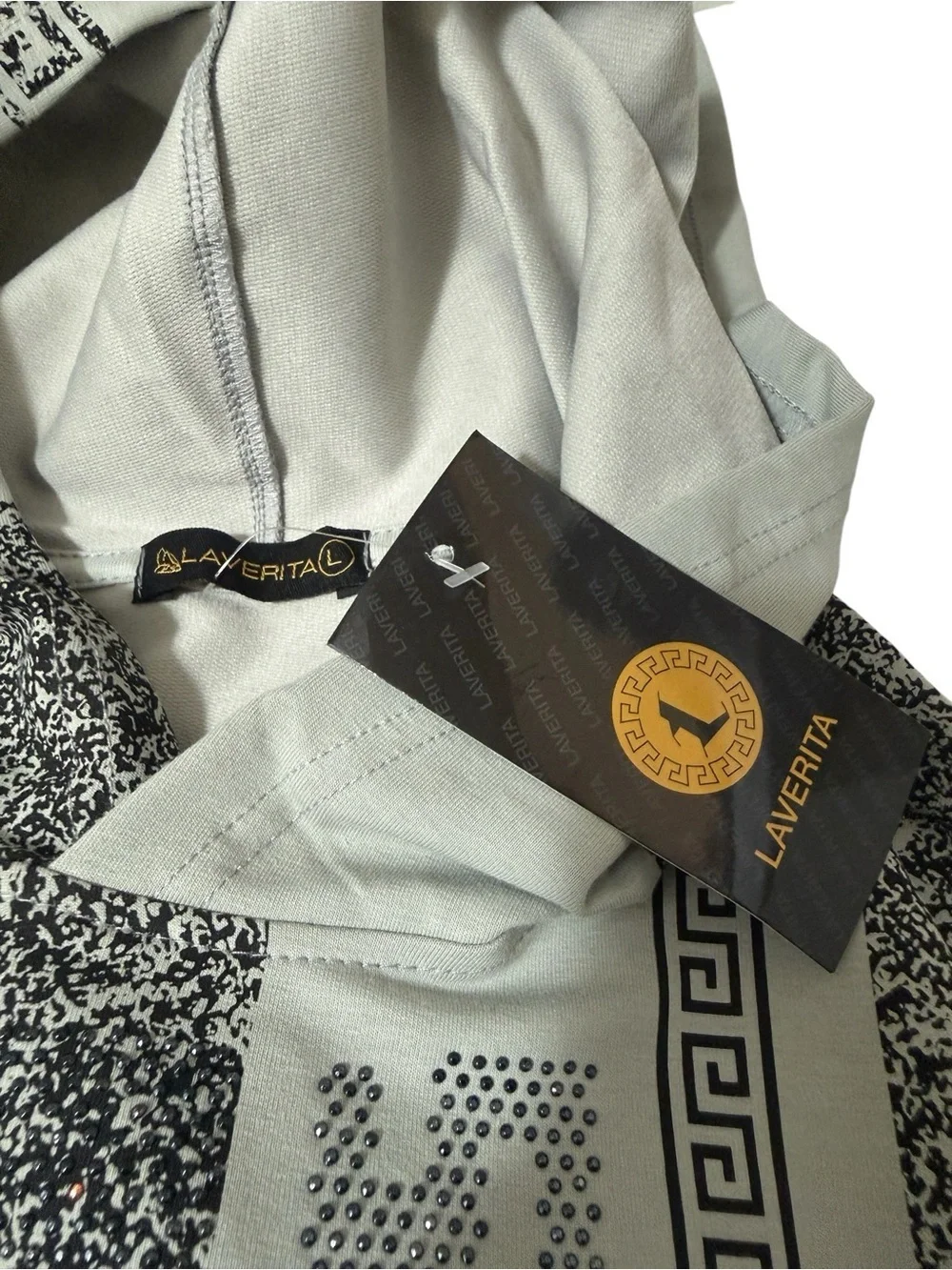 LAVERITA Graphic Pattern Hooded Sweatshirt in Black and Cream. New with tags